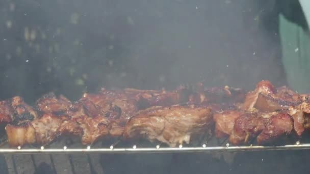 Filete de carne de cerdo en parrilla de barbacoa — Vídeos de Stock