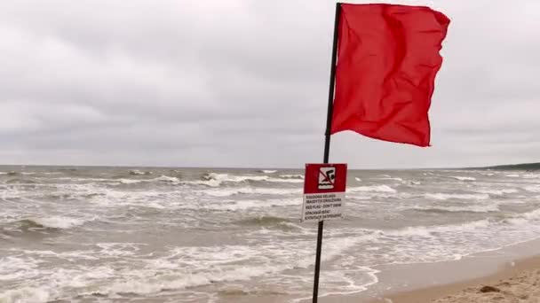 Red warning flag forbidding to swim on the beach — Stock Video