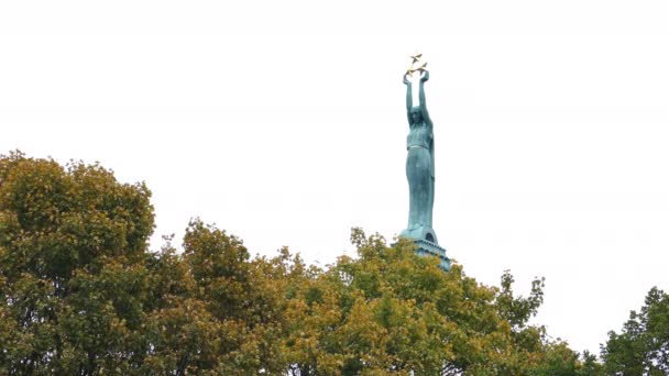 Freiheitsdenkmal über bunten Baumwipfeln — Stockvideo