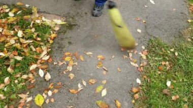 Kadın düşen yapraklar süpürme fırçası ile