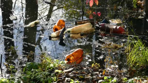 Flytande plastflaskor i en förorenad damm vatten — Stockvideo