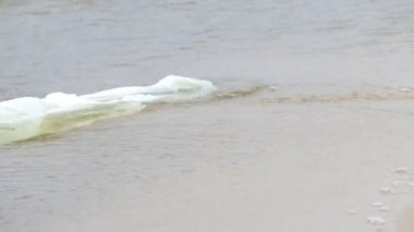 Deniz suyunda yüzen beyaz plastik torba.