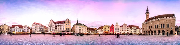 爱沙尼亚塔林市政厅广场或老市场广场的日落天际线 24幅 人类发展报告 图像中的全景蒙太奇 — 图库照片