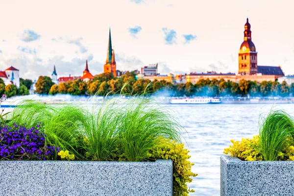 Pots Fleurs Urbains Avec Riga Vieille Ville Skyline Arrière Plan — Photo