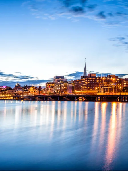 Stockholm Coucher Soleil Skyline Avec Hôtel Ville Riddarholmen — Photo