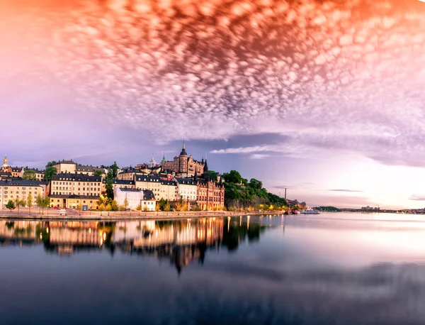 Γραφική Παλιά Πόλη Της Στοκχόλμης Sunset Skyline Πανοραμικό Μοντάζ Από — Φωτογραφία Αρχείου