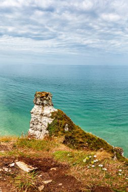 Etretat 'ın doğal tebeşir kayalıkları ve sahil kıyı şeridi manzarası, Normandiya, Fransa, Avrupa