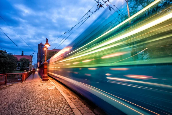 Fast Moving Tram Blurred Light Trail Sandy Bridge Wroclaw Poland — Stock Photo, Image