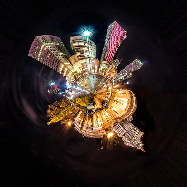 Miniature Tiny Planet Night Skyline Warsaw Soviet Era Palace Culture — Stock Photo, Image