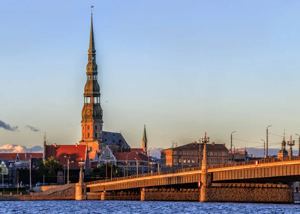 Riga Old Town Během Západu Slunce Panoramatická Montáž Obrázků — Stock fotografie