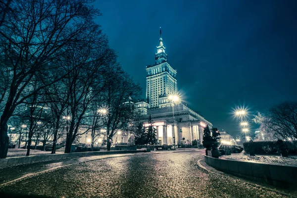 Vista Nocturna Del Palacio Cultura Ciencia Varsovia Polonia — Foto de Stock