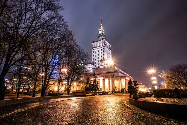 Vista Notturna Del Palazzo Della Cultura Della Scienza Varsavia Polonia — Foto Stock