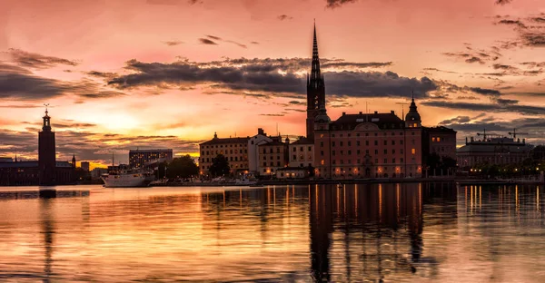 Die Malerische Skyline Der Stockholmer Altstadt Bei Sonnenuntergang Panorama Montage — Stockfoto