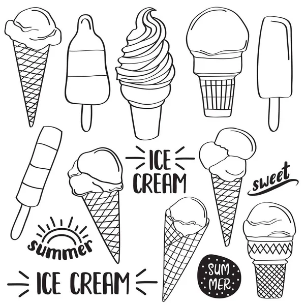 Doodle Ice Cream Collection Isolated Black White Coloring Vector — Stock Vector