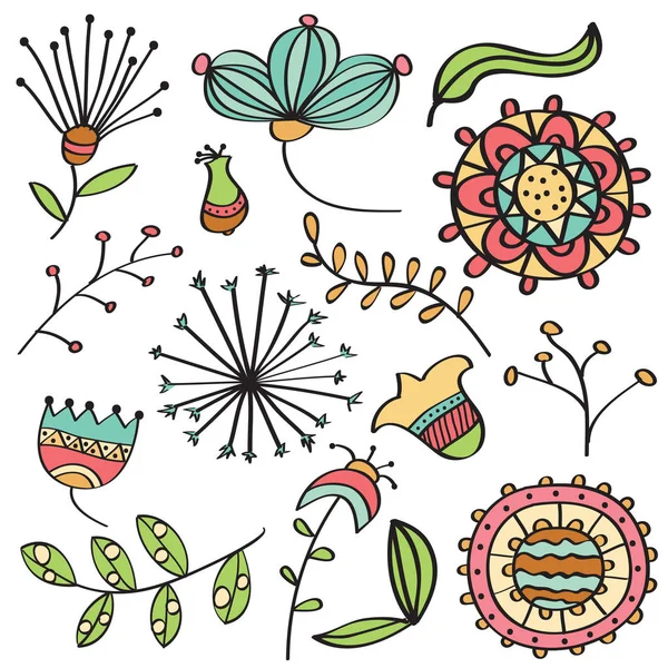 Doodle Renkli Çiçekler Yapraklar Koleksiyonu Vektör Biçimi — Stok Vektör