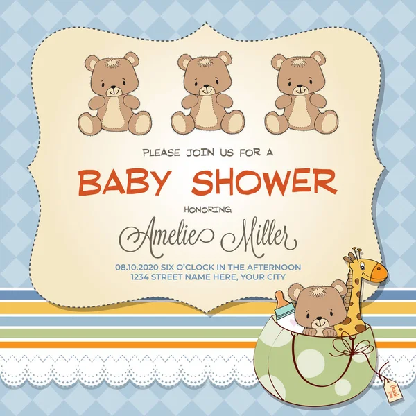 Carte Douche Bébé Avec Ours Peluche Personnalisable — Image vectorielle