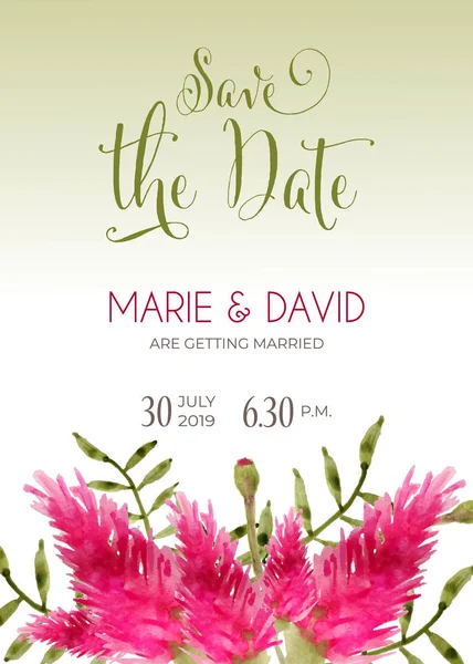 Beautiful Wedding Invitation Watercolor Flowers Date Card Vector — Stock Vector