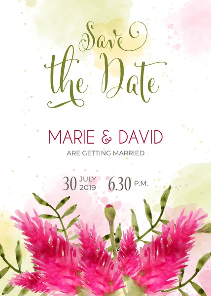 Beautiful Wedding Invitation Watercolor Flowers Date Card Vector — Stock Vector