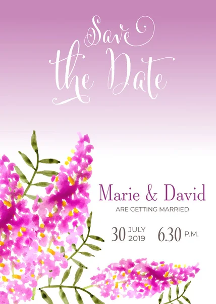 Beautiful Wedding Invitation Watercolor Flowers Date Card Vector — Stock Vector