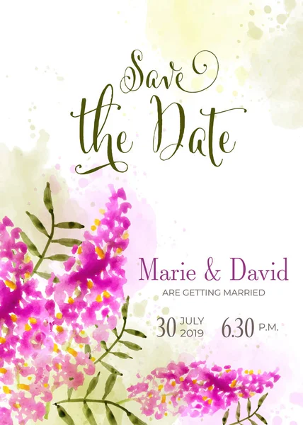 Schöne Hochzeitseinladung Mit Aquarellblumen Speichern Sie Die Datumskarte Vektor — Stockvektor