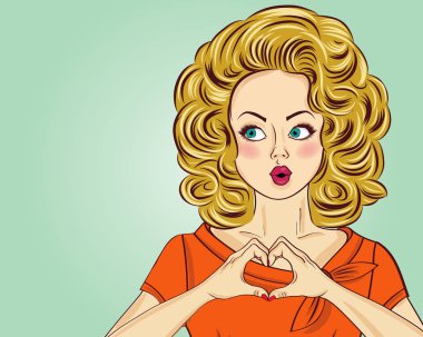 Elleri ile sarışın pop art kadın yapma kalp işareti. Komik kadın. Pin up girl. Olumlu insan duygu. Vektör biçimi