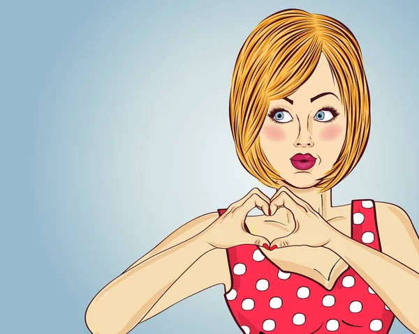 Rubia Pop Art Mujer Haciendo Signo Del Corazón Con Las — Archivo Imágenes Vectoriales