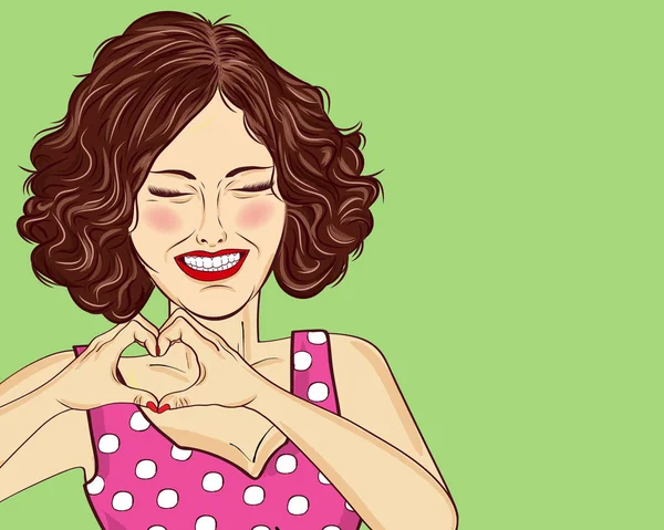 Pop Art Mujer Haciendo Signo Del Corazón Con Las Manos — Archivo Imágenes Vectoriales