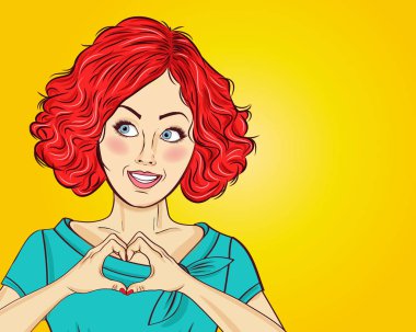 Sanat kadın yapma kalp işareti el ile pop. Komik kadın. Pin up girl. Olumlu insan duygu. Vektör biçimi