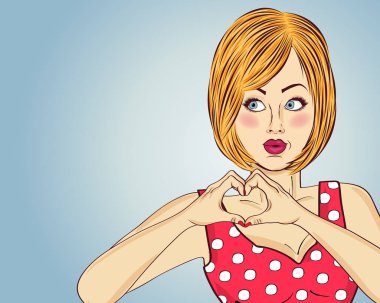 Elleri ile sarışın pop art kadın yapma kalp işareti. Komik kadın. Pin up girl. Olumlu insan duygu. Vektör biçimi