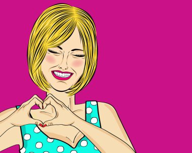 Elleri ile sarışın pop art kadın yapma kalp işareti. Komik kadın. Pin up girl. Olumlu insan duygu. Vektör biçimi
