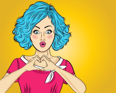 Sanat kadın yapma kalp işareti el ile pop. Komik kadın. Pin up girl. Olumlu insan duygu. Vektör biçimi
