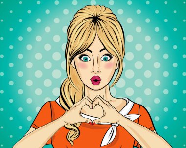 Elleri ile sarışın pop art kadın yapma kalp işareti. Komik kadın. Pin up girl. Olumlu insan duygu. Vektör biçimi