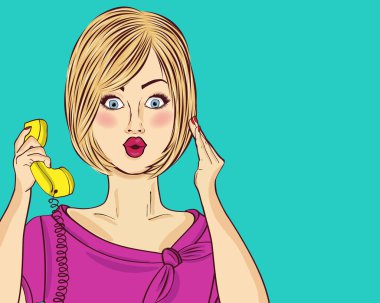 Retro telefonda sohbet sürpriz sarışın pop art kadın. Komik kadın. Pin up girl. Vektör çizim