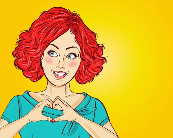 Pop Art Mujer Haciendo Signo Del Corazón Con Las Manos — Archivo Imágenes Vectoriales