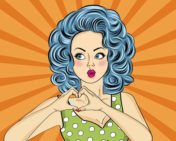 Pop Art Mujer Haciendo Signo Del Corazón Con Las Manos — Archivo Imágenes Vectoriales