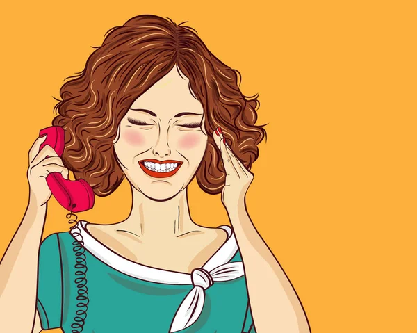 Забавная Поп Арт Женщина Болтает Ретро Телефону Женщина Комик Подцепи — стоковый вектор