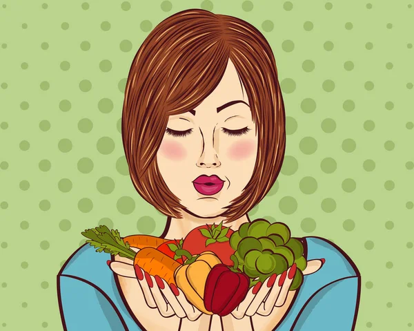 野菜を手にした美しい赤髪の女性ベクトルイラスト — ストックベクタ