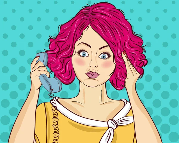 Angry Pop Art Woman Chatting Retro Phone Comic Woman Pin — Stock Vector