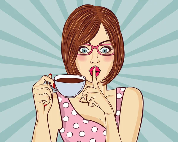 Sexy Pop Art Frau Mit Kaffeetasse Werbeplakat Comic Stil Vektor — Stockvektor