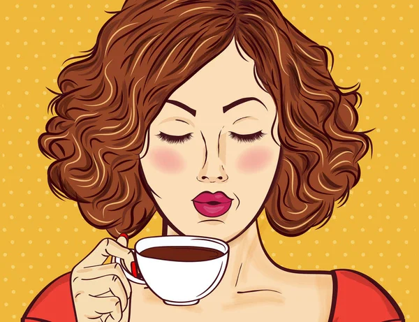 Kahve Fincanı Olan Seksi Pop Sanatçısı Çizgi Roman Tarzı Reklam — Stok Vektör
