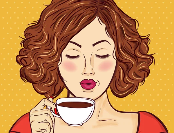 Sexy Mujer Arte Pop Con Taza Café Cartel Publicitario Estilo — Archivo Imágenes Vectoriales