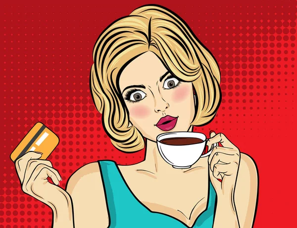 Sexy Blonde Pop Art Vrouw Met Koffiekop Reclameposter Stripstijl Vector — Stockvector