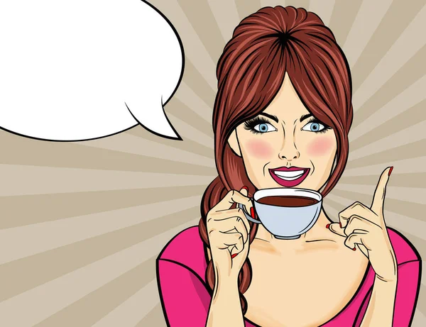 Сексуальная Поп Арт Женщина Кофейной Чашкой Рекламный Плакат Комическом Стиле — стоковый вектор