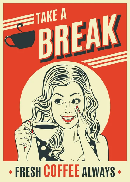 Reclame Voor Koffie Retro Poster Met Pop Art Vrouw Vector — Stockvector