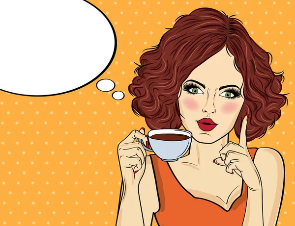 Sexy Mujer Arte Pop Con Taza Café Cartel Publicitario Estilo — Vector de stock