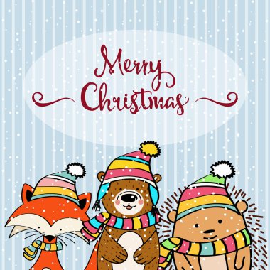Noel kartı ile komik giyimli hayvan, fox, kirpi ve ayı doodle