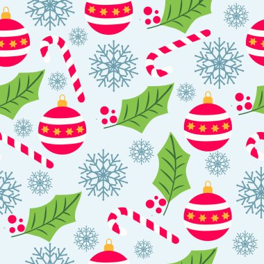 Kar taneleri, şekerler, küre ve ökseotu Noel arka plan, kağıt, ambalaj için Noel seamless modeli yazdırın. Vektör