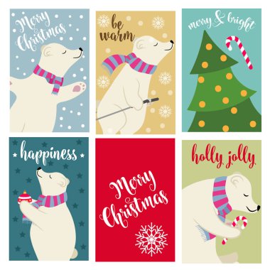 Kutup ayıları ve dilek ile Noel kartı toplama. Etiketler. Çıkartmalar. Düz tasarım