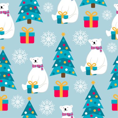 Kutup ayıları, Noel ağaçları ve hediyeleri Noel seamless modeli. Noel posterler, sarma ve yazdırma için uygun. Vektör