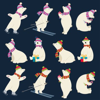 Kutup ayıları koleksiyonu Noel tasarımlar için giyinmiş. İzole öğeleri. Düz tasarım. Vektör